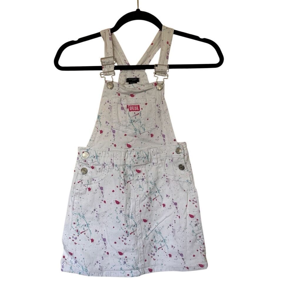 Bebe Girls Paint Splattered White Denim Overalls Dress Sz Small 7/8
